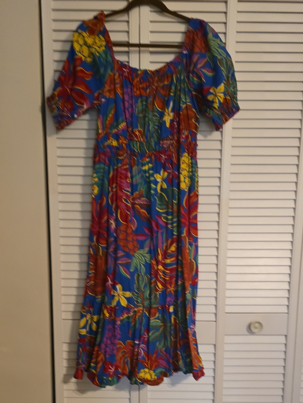 Blue Tropical Floral Puff-Sleeve Maxi Dress